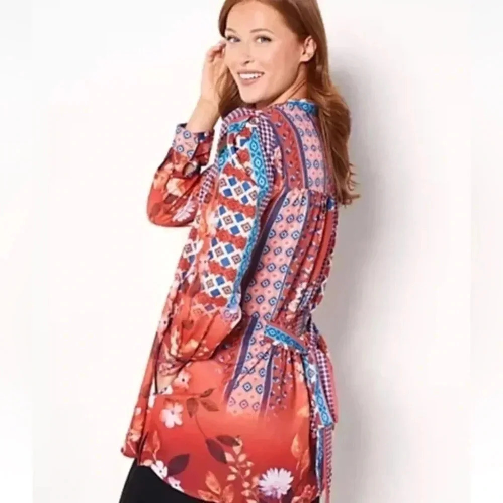 Tolani Collection Long-Sleeve Tunic Blouse with Tie Rust Bohemian Floral Size XS